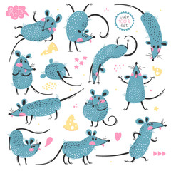 Set of funny rats for design. Cute little mice in different poses. Merry mouse romp. Vector illustration