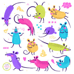 Set of funny rats for design. Cute little mice in different poses. Merry mouse romp. Vector illustration