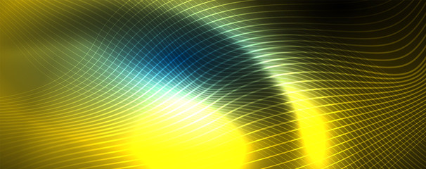 Smooth wave lines on blue neon color light background. Glowing abstract wave on dark, shiny motion, magic space light