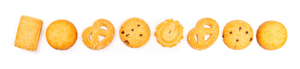 An assortment of Danish butter cookies, shot from the top on a white background