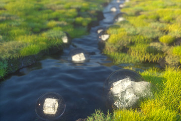 The fantasy lanterns in the river between mountains, 3d rendering