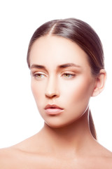 Obraz premium Beauty model girl sensual portrait. Blond hair style, perfect skin, blonde hairstyle. White background
