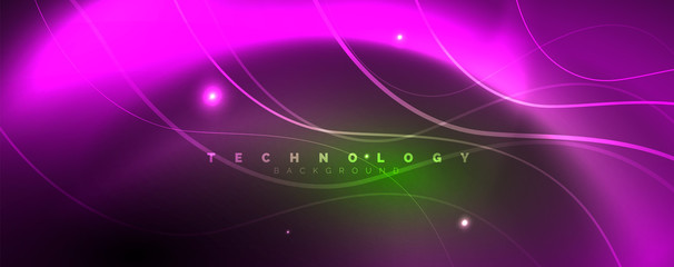 Shiny neon lines template - northern lights glowing blur lines. Futuristic style glow neon 80s disco club or night party techno template