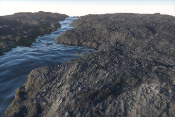 Fototapeta na wymiar The river between the mountains in a sunny day, 3d rendering