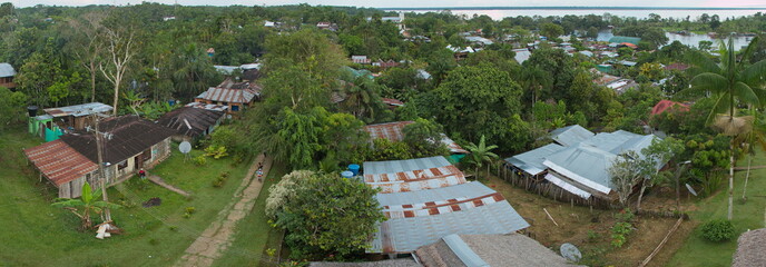 View of village Puerto Narino at Amazonas river in Colombia from the lookout Mirador Naipata