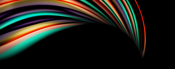 Fluid color rainbow style wave abstract background, techno modern design on black