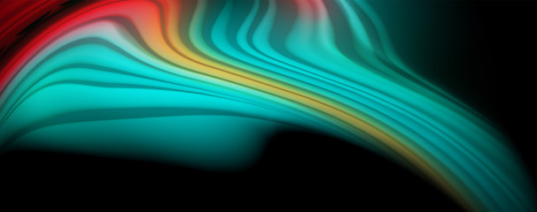 Modern rainbow liquid color flow colorful poster. Wave Liquid shape in black color background. Abstract composition
