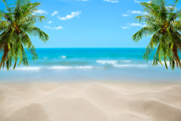 Beach with blurry blue ocean and sky,palm tree background ,Summer Concept .