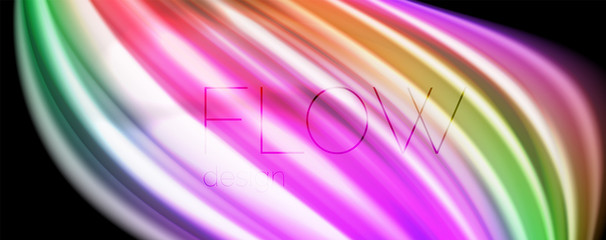 Modern rainbow liquid color flow colorful poster. Wave Liquid shape in black color background. Abstract composition