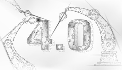 Low poly future industrial revolution concept. Industry 4.0 number assembled by robotic arm. Online technology industry management. 3D polygonal innovation system vector illustration