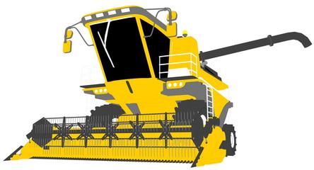 Obraz premium cartoon colored 3D model of yellow rye agricultural harvester with grain pipe on white, clip art for food production - industrial 3D illustration