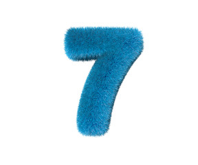 number 7 of blue lovely furry font isolated on white background, kids concept 3D illustration of symbols