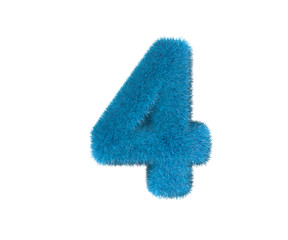 number 4 of blue ridiculous pilous font isolated on white background, kids concept 3D illustration of symbols