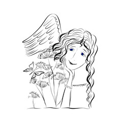 Nice smiling angel with long hair style and flowers. Hand drawn children's design for print clothing, wall art, products for kids, poster, wall art, room decor. 