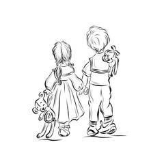 Girl in a long dress holds the boy's hand. Children's design for print clothing, wall art, products for kids, poster, wall art, room decor. 
