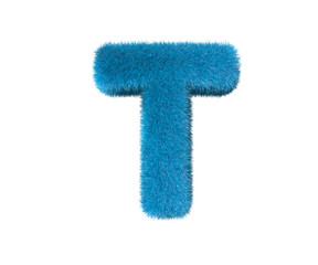 letter T of blue comical shaggy alphabet isolated on white background, kids concept 3D illustration of symbols