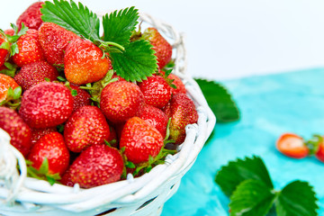 Ripe red strawberries on blue table, Strawberries in white basket. Fresh strawberries. Beautiful strawberries. Diet food. Healthy, vegan. Top view. Flat lay.