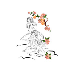 Beautiful children angels with flowers. Fairytale hand drawn design for print clothing, wall art, products for kids, poster, wall art, room decor. 