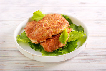 Chicken schnitzel over lettuce