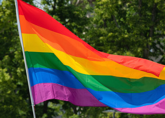 Rainbow flag supporting LGBT community on gay parade event. Colourful flag in the crowd during gay...
