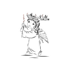 Angel carries a candle. Freehand doodle vector for printing in books, cards, scrapbooking, poster, postcard