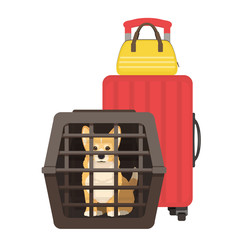 Travelling with dogs. Vector illustration of dog in a pet cage and suitcase on wheels. Carriage of dogs.