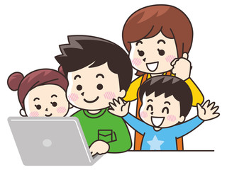 ノートパソコンを見る家族