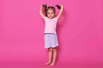 Full length photo of little charming girl in photo studio against pink wall. Cute female holds her funny ponitails with many colorful scrunchies, small kid wearing rose t shirt and puple skirt.