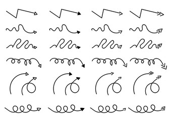 Cartoon pictures set of different hand drawn arrows. Mixed style white and black flat icons. Vector illustration. White background.
