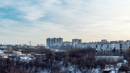 Outskirts Of Perm. On the right and in the center we see a residential neighborhood. On the left and in the foreground we see different low buildings.