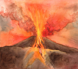 Watercolor realistic volcano isolated on a white background illustration.
