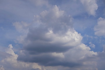 Blue sky with big shape cumulus cloud in the rainy day. Soft focus. Low key. Nature background concept.