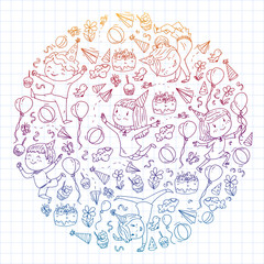 Vector illustration in cartoon style, active company of playful preschool kids jumping, at a party, birthday. Gradient draving squared notebook.