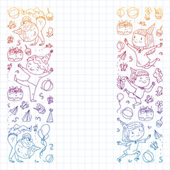 Vector illustration in cartoon style, active company of playful preschool kids jumping, at a party, birthday. Gradient draving squared notebook.