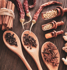 Herbs and Spices over wooden background