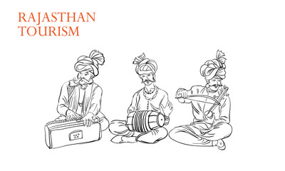 Rajasthan tourism people with music line drawing