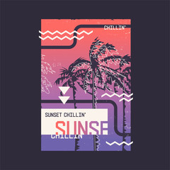Sunset chillin. Graphic t-shirt design on the topic of summer, holidays, beach, seacoast, tropics. 