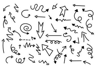 Cartoon pictures set of different hand drawn arrows. Mixed style white and black flat icons. Vector illustration. White background.