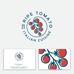 Ripe Tomato Logo. Italian cuisine emblem. Bunch of cherry tomatoes on a circle.