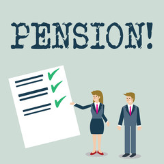 Naklejka premium Text sign showing Pension. Conceptual photo Income seniors earn after retirement Saves for elderly years