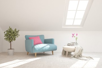 Stylish room in white color with armchair. Scandinavian interior design. 3D illustration
