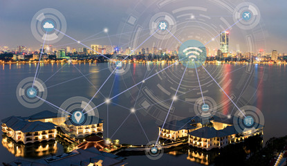 Smart city and wireless communication network concept. Digital network connection lines of Hanoi city, Vietnam
