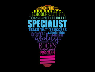 SPECIALIST light bulb word cloud collage, education concept background