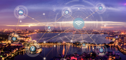 Smart city and wireless communication network concept. Digital network connection lines of Hanoi city, Vietnam at West Lake