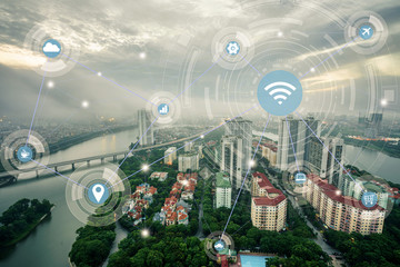 Smart city and wireless communication network concept. Digital network connection lines of Hanoi city, Vietnam at Linh Dam lake