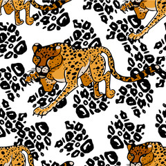 Wild big cats. Animals print. Vector tropical background with cheetah, tiger, leopard and tropical plants.