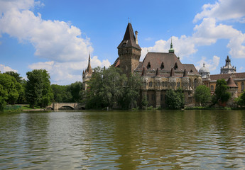 Beautiful view from the park to the lake and Vajdahunyad Castle in Budapest, Hungary