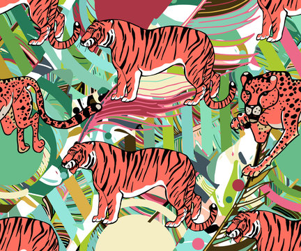 Wild big cats. Animals print. Vector tropical background with cheetah, tiger, leopard and tropical plants.