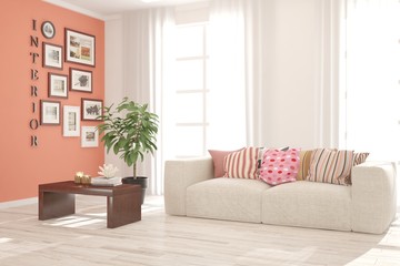 Stylish room in white color with sofa. Scandinavian interior design. 3D illustration