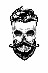 Monochrome illustration barbershop of skull with beard, mustache, hipster haircut and on white background, cartoon, angry, beautiful, brutal.